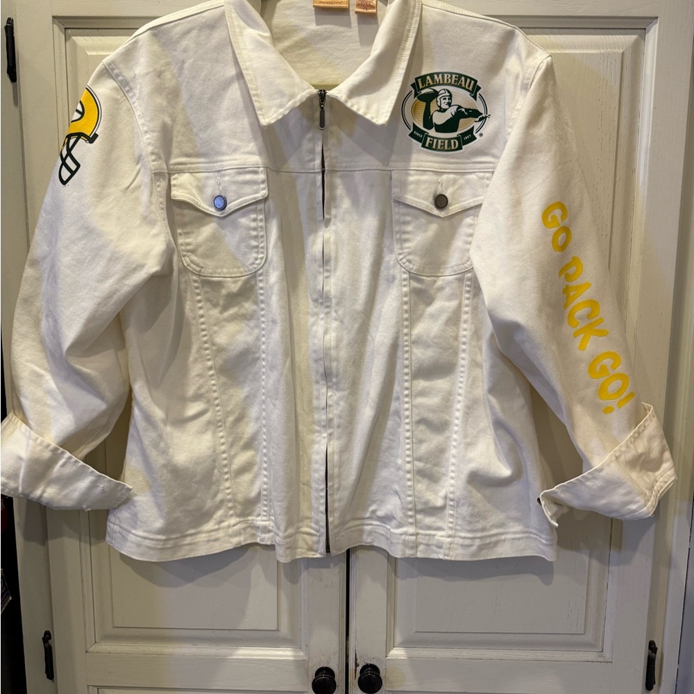 White Women’s denim jacket with Green Bay Packers Design